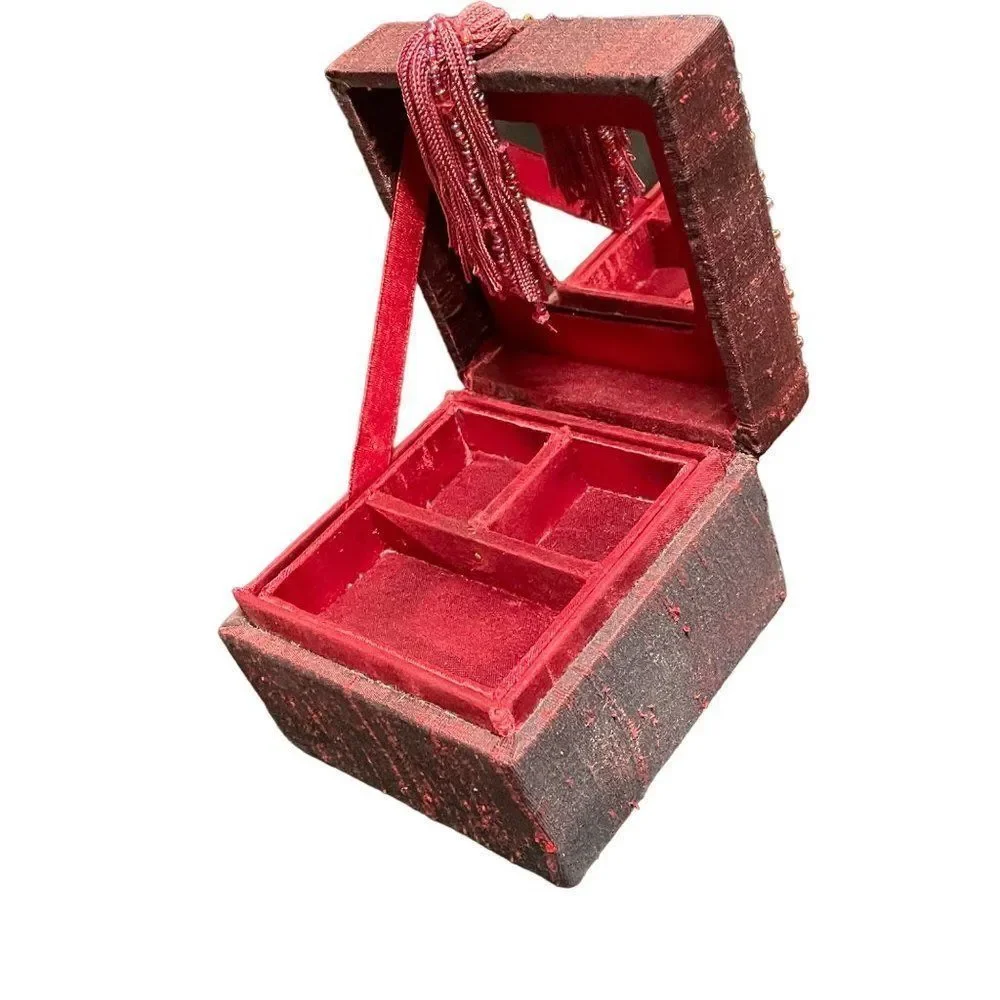 Vintage Red Jewelry Box with bead and tassel 4 x 4 x 3 mirror & removable insert